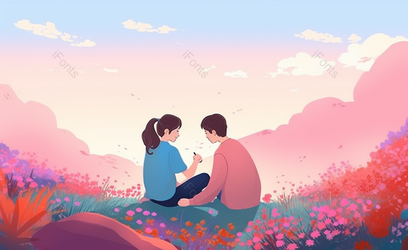 214浪漫情人节情侣约会美丽山坡,插画/手绘图,插画/手绘图库,插画/手绘图下载,插画/手绘